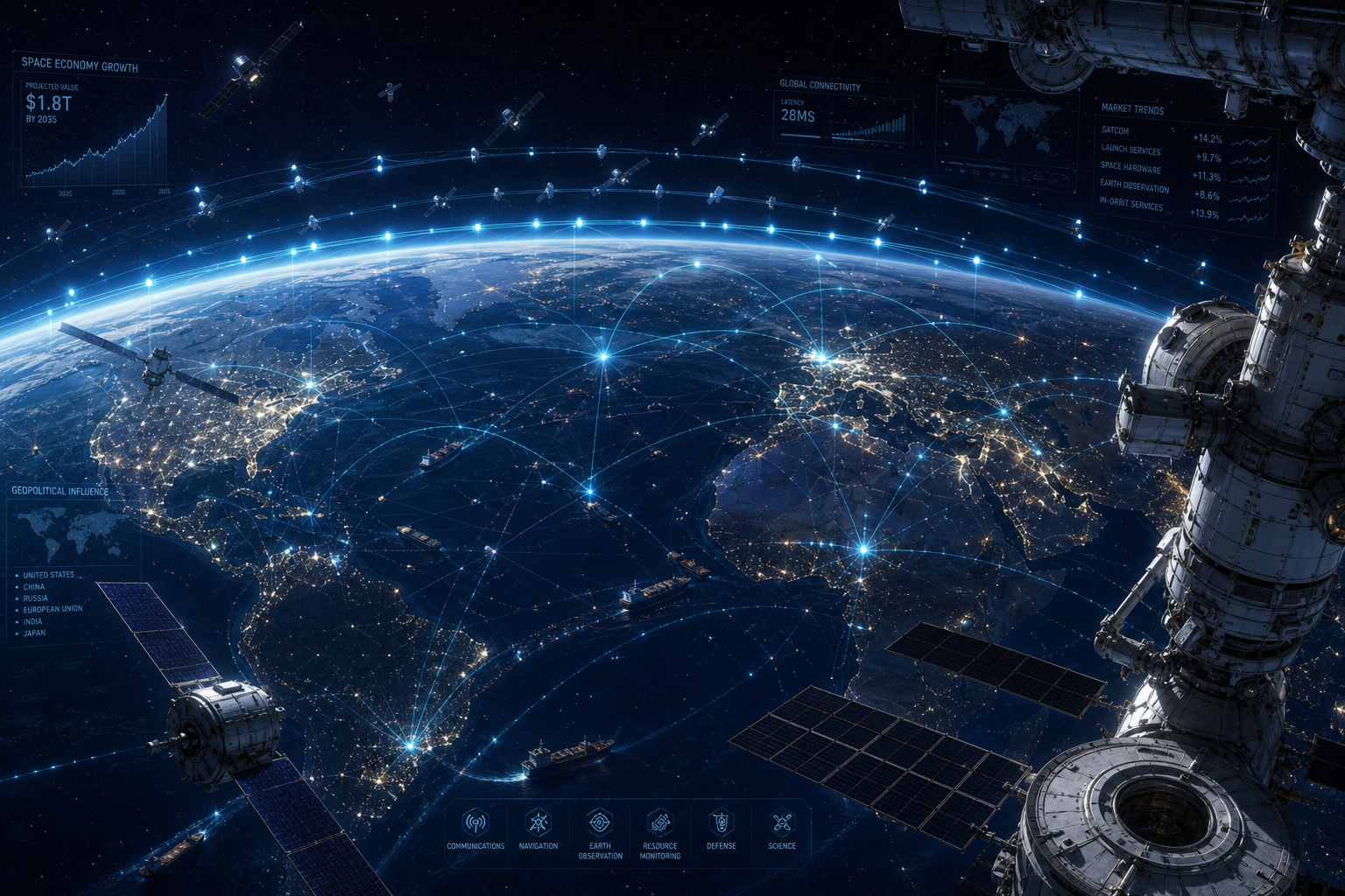 A stylized orbital view of Earth at night surrounded by a glowing network of satellites and data links